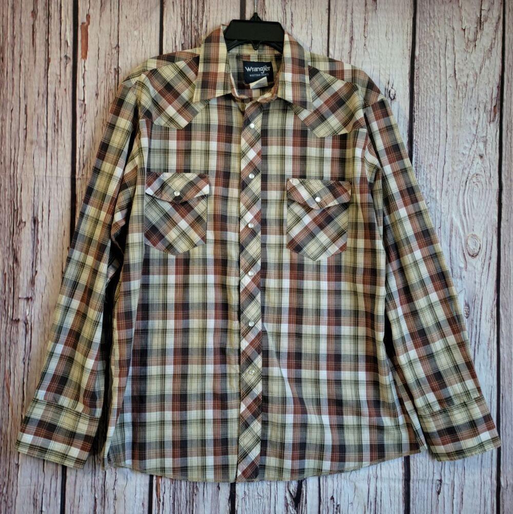 Vintage 90s Y2K Wrangler Pearl Snap Western Cowboy Shirt Large Brown Pockets
